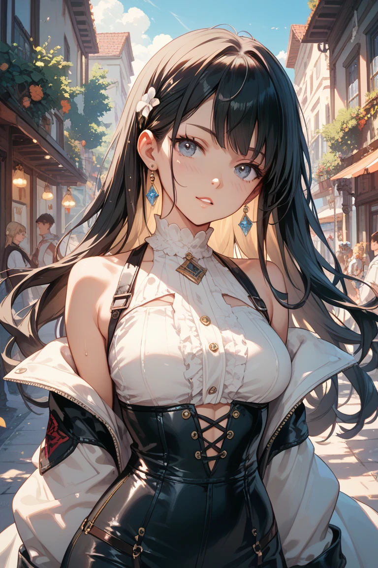 masterpiece,Highest quality,Long black hair,beautiful girl,The cutest in the world,Super big breasts,White-off shoulder,mini skirt
