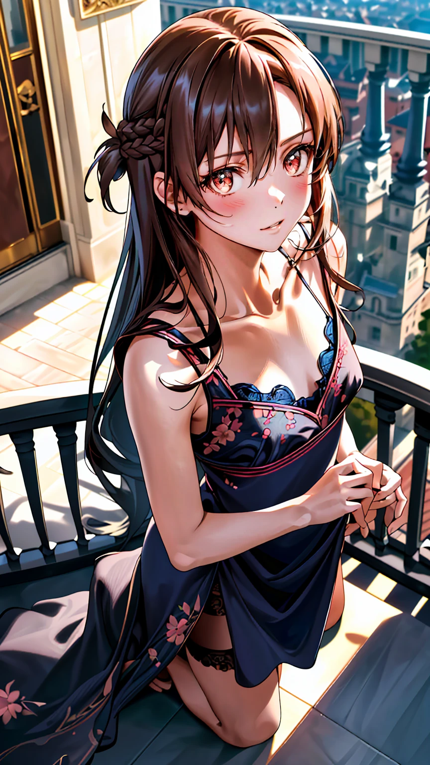 (masterpiece:1.3, top-quality, ultra high res, ultra detailed), (realistic, photorealistic:1.4), beautiful illustration, perfect lighting, natural lighting, depth of fields, 
beautiful detailed hair, beautiful detailed face, beautiful detailed eyes, beautiful clavicle, beautiful body, beautiful chest, beautiful thigh, beautiful legs, beautiful fingers, shiny skin, 
Point of view,1 girl, Asuna, SAO, (perfect anatomy, anatomically correct, super detailed skin), cute and symmetrical face, perfect face, perfect eyes, tiny, 
(long hair, straight hair, navy hair), brown eyes, drooping eyes, big eyes, long eyelashes, (small breasts, slim thighs), black colour floral sundress with pink colour bra,
((detailed cloth texture), (balcony:1.2), on her knees, kneeling at balcony (with view of busy street under balcony), (looking up at camera,  shot from top angle),
