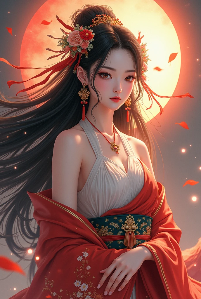  beautiful goddess Amaterasu, whole body, Japan's highest goddess ,   beautiful dark hair,  high image quality, masterpiece,  anime style, 