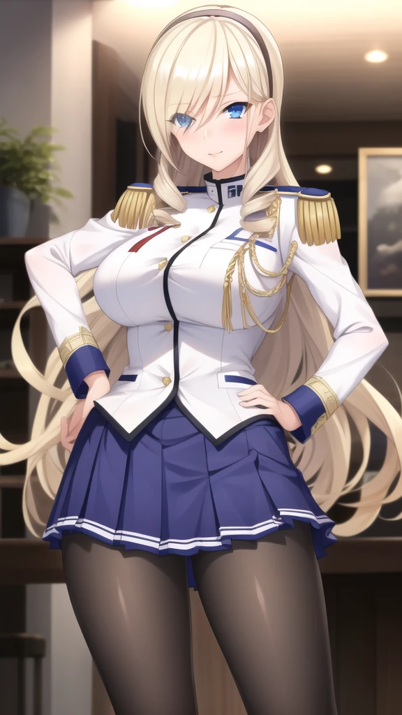 (masterpiece, best quality:1.2), cowboy shot, solo, 1girl, aintree, Blonde hair, Blue Eyes, (slight smile:0.9), looking at viewer, hand on hip, hairband, uniform, epaulettes, pleated skirt, pantyhose