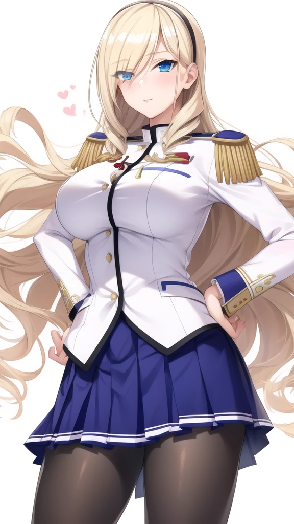 (masterpiece, best quality:1.2), cowboy shot, solo, 1girl, aintree, Blonde hair, Blue Eyes, (slight smile:0.9), looking at viewer, hand on hip, hairband, uniform, epaulettes, pleated skirt, pantyhose