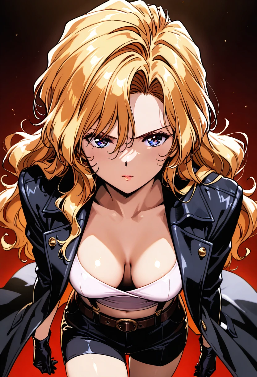 A highly detailed and high resolution image of "Madame President" [from Golden Boy]; A blonde haired beautiful sophisticated woman with puffy windblown long hair (1980s puffy wavy hair style); narrow eyes, haughty expression; drawn in "Golden Boy" anime style, drawn in 1990s Golden Boy anime style (Tatsuya Egawa style) beautiful and elegant, dressed in a goth steampunk outfit with a black coat, black low-cut cropped tube top, exposed decolletage, a belt, black miniskirt, white suspenders, black gloves; she has a serious look on her face and she is holding a realistic six-shooter revolver with an accurate and realistic grip; she is standing in a steampunk factory with wheels, levers, cogs and steam; BREAK: quality\(8k,wallpaper of extremely detailed CG unit, high resolution, top-quality, top-quality real texture skin, hyper realistic, increase the resolution, RAW photos, best quality, highly detailed, the wallpaper, golden ratio, high saturation realism, vibrant colors, dramatic lighting, persuasive storytelling, atmospheric scenery, captivating visuals, intricate details, strong emotions, dreamlike world\),(dynamic angle:1.4); downblouse; view from above