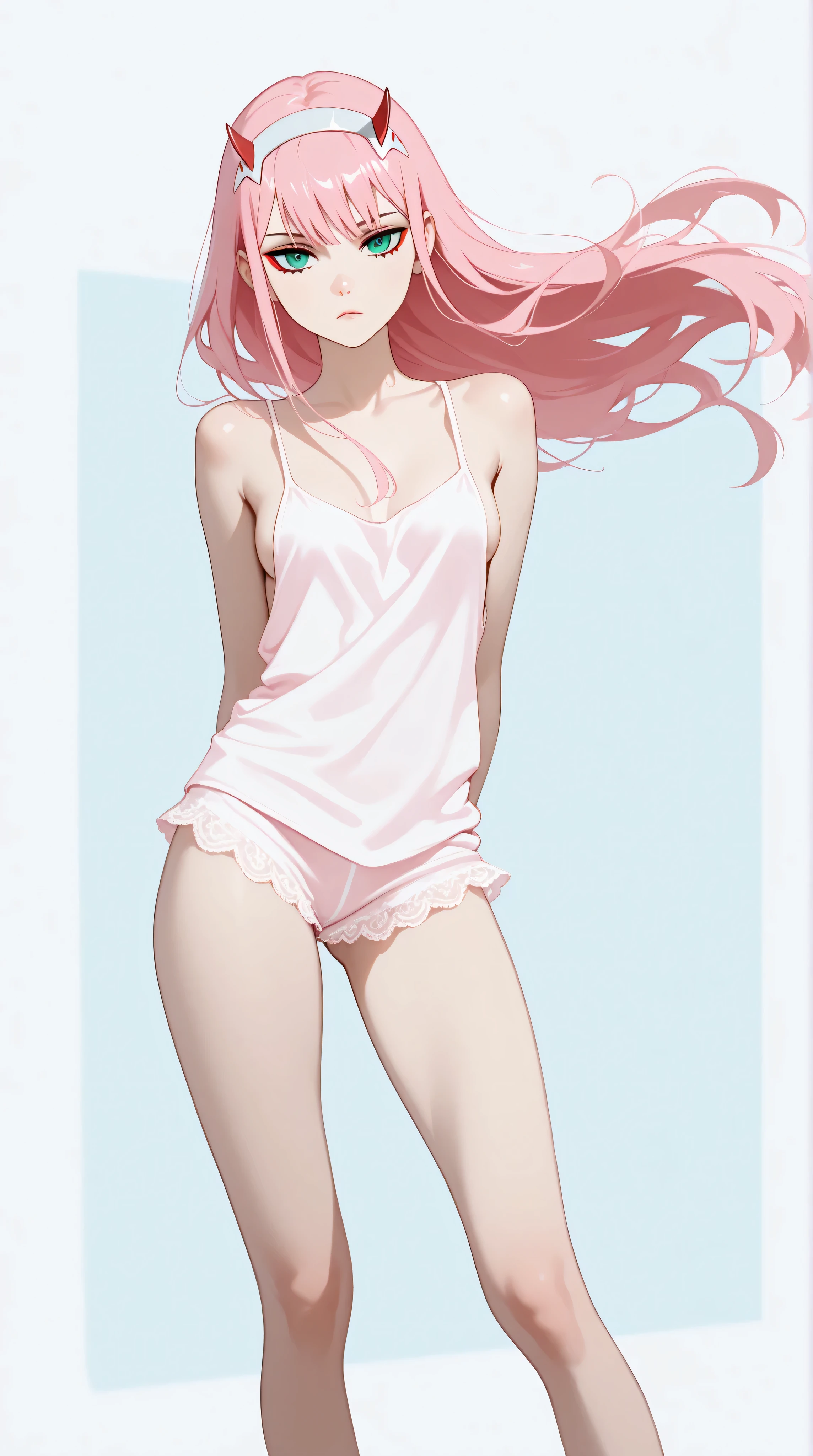 Zero Two from Darling in the Franxx, horns, pink hair, teal eyes, small breasts, slender legs, lingerie, standing in a relaxed contrapposto pose with her hands behind her back, she’s facing viewer straight, having a dramatic, neutral expression on her young face, her tank top revealing pronounced cleavage and sideboob, her long hair fluttering in the wind, with a pale color gradation, blending retro elements, contemporary digital art, and surrealism, with intricate details, 