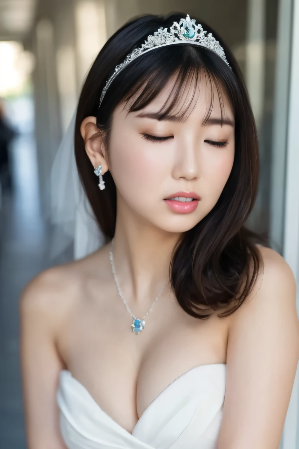    face focus    ,  Open Your Mouth Wide , I have a large amount of condensed milk in my mouth,Condensed milk dripping from mouth 、Off the street   ,    seductive woman,On the floor 、 close your eyes   ,  off-the-shoulder wedding dress  ,Adult female,   small breasts cleavage 、   very small breasts、   Anatomically Accurate  ,    high resolution model  ,  Sweaty face、Gorgeous tiara、 necklace 、 earrings for a woman alone、 black hair
