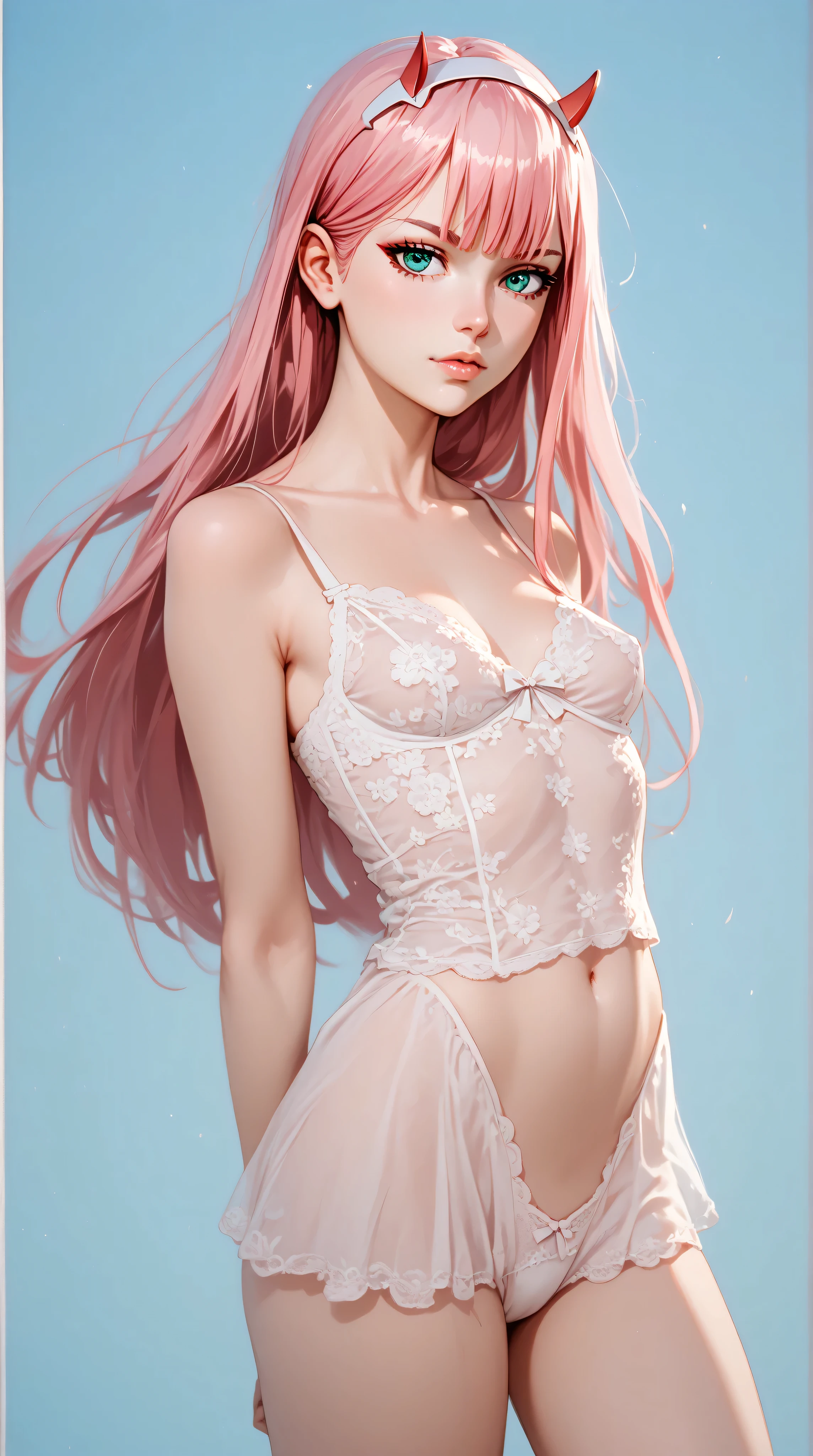 Zero Two from Darling in the Franxx, horns, pink hair, teal eyes, small breasts, slender legs, lingerie, standing in a relaxed contrapposto pose with her hands behind her back, she’s facing viewer straight, having a dramatic, neutral expression on her young face, her tank top revealing pronounced cleavage and sideboob, her long hair fluttering in the wind, with a pale color gradation, blending retro elements, contemporary digital art, and surrealism, with intricate details, 