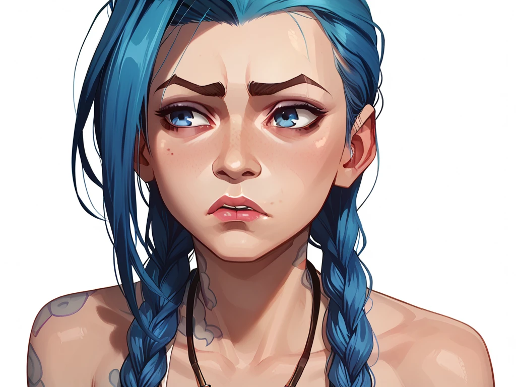 closed mouth,, arcane style, 1girl, solo, long hair, bangs, caityln, mature body, looking at viewer, (half-naked:1.3), letterboxed, book, closed mouth, blue eyes, (blush:1.5),(Color enhancement),(high saturation:1.5),shiny hair, blue hair, full body, looking at viewer, shiny, white ascot, brooch, (beautiful), (masterpiece:1.2), 4K, high resolution, indoors, (realistic), perfect breasts, serious, angry