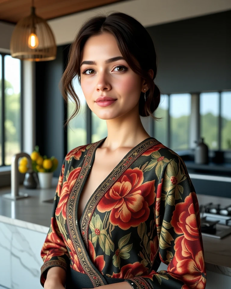 Head shot of Gorgeous and Alluring Indonesian Woman, exotic Indonesian beauty, detailed face, she is wearing stylish elegant Pekalongan Style batik wardrobe in an Open Space Kitchen with waterfall counter tops. Highly detailed and intricate photorealistic CGI 3D render, wide angle, 24mm f/1.4, 15mm, 35mm, 4k, high resolution, 4k, 8k, high definition, full color, 4k, 8k, 4k, high definition