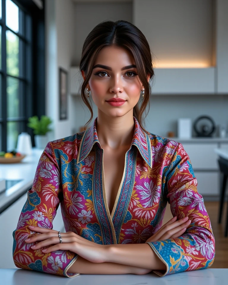 Head shot of Gorgeous and Alluring Indonesian Woman, exotic Indonesian beauty, detailed face, she is wearing stylish elegant Pekalongan Style batik wardrobe in an Open Space Kitchen with waterfall counter tops. Highly detailed and intricate photorealistic CGI 3D render, wide angle, 24mm f/1.4, 15mm, 35mm, 4k, high resolution, 4k, 8k, high definition, full color, 4k, 8k, 4k, high definition