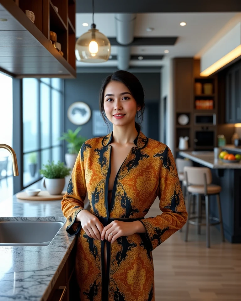 Head shot of Gorgeous and Alluring Indonesian Woman, exotic Indonesian beauty, detailed face, she is wearing stylish elegant Pekalongan Style batik wardrobe in an Open Space Kitchen with waterfall counter tops. Highly detailed and intricate photorealistic CGI 3D render, wide angle, 24mm f/1.4, 15mm, 35mm, 4k, high resolution, 4k, 8k, high definition, full color, 4k, 8k, 4k, high definition