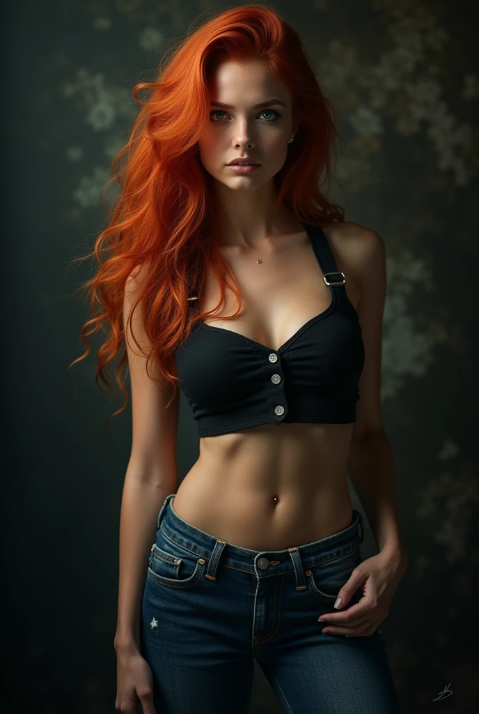 (Realistic photo of a beautiful woman, full body picture, 35 years old, grey eyes, full full lips, red hair, jeans, long curly hair, curls, big boobs, tanned skin, jewellery, realistic, soft lighting, professional photography, photorealistic, detailed, RAW, sharp focus, ultra-high resolution, best quality, masterpiece, (best quality, high-resolution, ultra-detailed:1. 2), HDR, bright colours, sexy,  earrings, denim shorts, 
