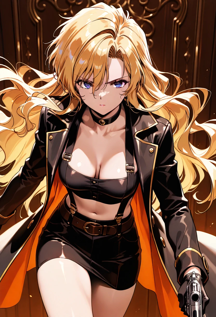 A highly detailed and high resolution image of "Madame President" [from Golden Boy]; A blonde haired beautiful sophisticated woman with puffy windblown long hair (1980s puffy wavy hair style); narrow eyes, haughty expression; drawn in "Golden Boy" anime style, drawn in 1990s Golden Boy anime style (Tatsuya Egawa style) beautiful and elegant, dressed in a goth steampunk outfit with a black coat, black low-cut cropped tube top, exposed decolletage, a belt, black miniskirt, white suspenders, black gloves; she has a serious look on her face and she is holding a realistic six-shooter revolver with an accurate and realistic grip; she is standing in a steampunk factory with wheels, levers, cogs and steam; BREAK: quality\(8k,wallpaper of extremely detailed CG unit, high resolution, top-quality, top-quality real texture skin, hyper realistic, increase the resolution, RAW photos, best quality, highly detailed, the wallpaper, golden ratio, high saturation realism, vibrant colors, dramatic lighting, persuasive storytelling, atmospheric scenery, captivating visuals, intricate details, strong emotions, dreamlike world\),(dynamic angle:1.4); downblouse; domineering dynamic pose