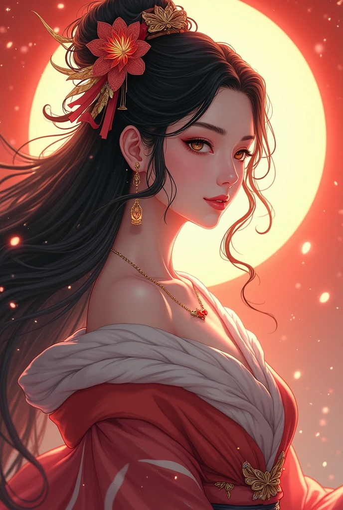  beautiful goddess Amaterasu, whole body, Japan's highest goddess ,   beautiful dark hair,  high image quality, masterpiece,  anime style, 