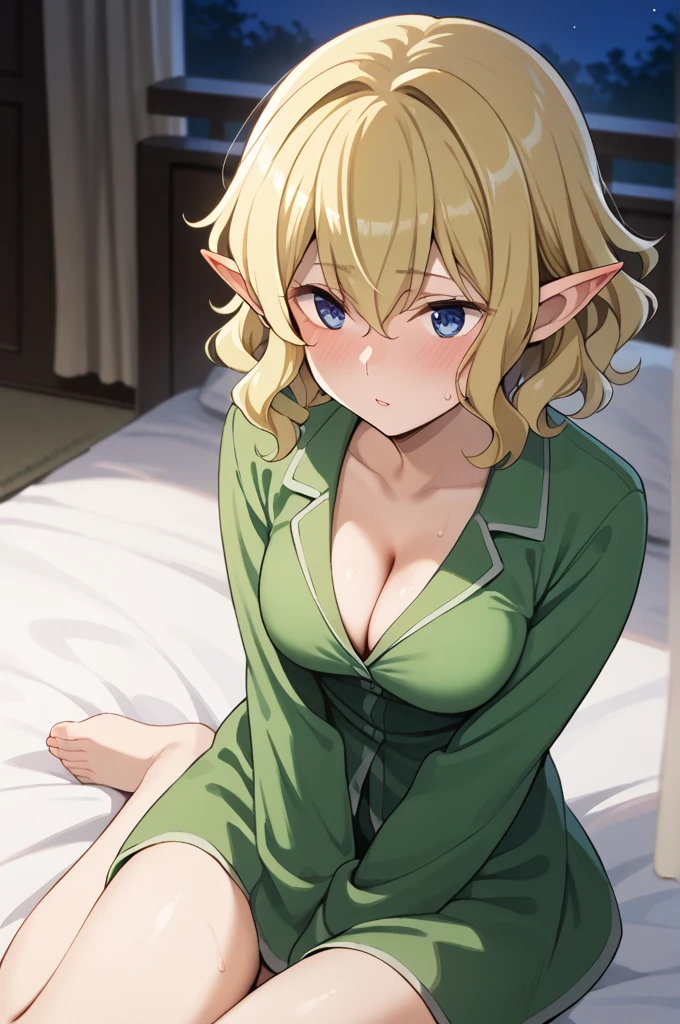 masterpiece,best quality,{{detailed beautiful face and eyes}}, 
Ryuu Lion,{{{megami magazine}}},short hair,blonde hair,wavy hair,pointy ears,hair between eyes,blue eyes,medium breasts,
((green pajamas)),
1girl,cleavage,(is aroused,big blush:1.0),sweat,
((on bed,hand between legs,my legs:1.2)),
(night bedroom background:1.0),clothed