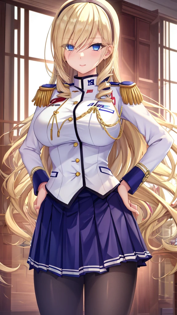 (masterpiece, best quality:1.2), cowboy shot, solo, 1girl, aintree, Blonde hair, (slight smile:0.9), looking at viewer, hand on hip, hairband, uniform, epaulettes, pleated skirt, pantyhose