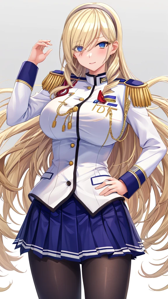 (masterpiece, best quality:1.2), cowboy shot, solo, 1girl, aintree, Blonde hair, (slight smile:0.9), looking at viewer, hand on hip, hairband, uniform, epaulettes, pleated skirt, pantyhose