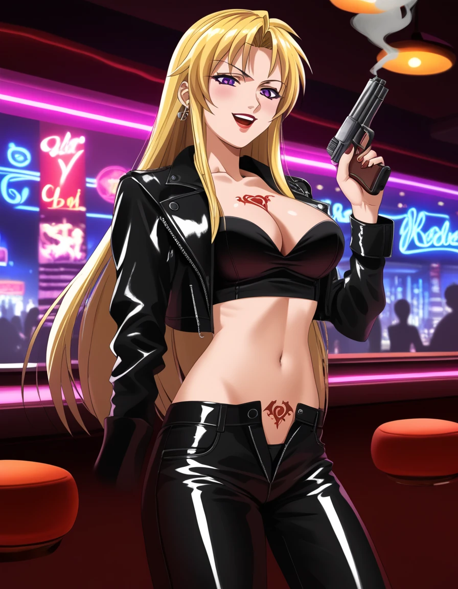 looking at viewer,evil smile,shaded_face,parted lips,looking down,
solo,KaoriSaeki,1girl,blonde hair,large breast. long hair ,purple eyes,
, ear piercing, long hair, blush, lipstick,Hot girl, baddie, smoking, sensual, attractive ,bar
background, inside bar,indoors, cityscape, casino, nightclub, city lights, masterpiece, best quality, highly detailed, a girls with a gun, evil smile , open mouth, sexy gaze, badass
pose , evil smile, smile, (nsfw) not safe for work, guns blazing, anime girl with long hair, beautiful long
haired girl, navel, evil expression, exposed belly, exposed navel, exposed midriff, exposed lower belly,
long black pants, crop top, cleavage, unbuttoned leather pants ,open fly, low rise black leather pants,
leather jacket, holding a gun, holding pistol, , cleavage, unbuttoned shirt,shirt, knot,, dragon tattoo , tattoo midriff, rose tattoo, shiny skin, open
