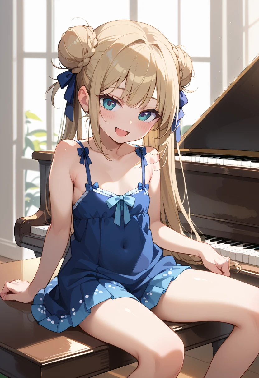 (( top quality )), ((masterpiece)), (be familiar with),  perfect face, indoor, bedroom, Watching viewers,
One woman, I was,
 open mouth,  ecstatic expression beside the piano, blush, smile,
 small tits,  flat chest, Young girl, Lori,  s,  girl,
 long hair,  twin bun hair ,
Leg spread,