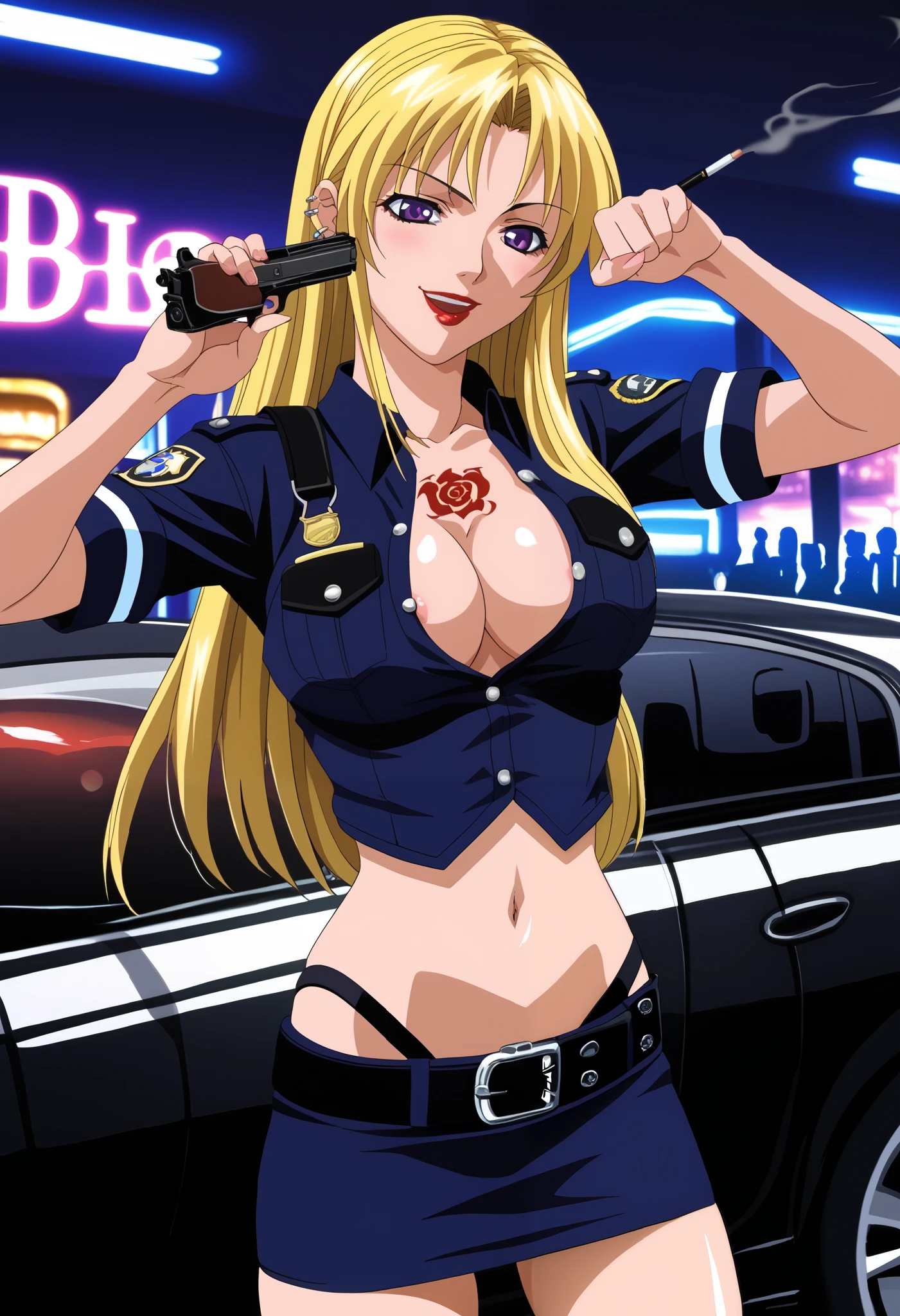 looking at viewer,evil smile,shaded_face,parted lips,looking down,
solo,KaoriSaeki,1girl,blonde hair, large breast. long hair ,purple eyes,
, ear piercing, long hair, blush, lipstick,Hot girl, baddie, smoking, sensual, attractive ,bar
background, inside bar,indoors, cityscape, casino, nightclub, city lights, masterpiece, best quality, highly detailed, a anime girl in police uniforms , police outfit, military outfit,
open mouth, cleavage, evil smile, smile, ecchi anime style, anime girl, digital anime art!!, in anime
style, (nsfw) not safe for work, official artwork, , beautiful anime girl, anime style 4 k, micro pencil
skirt, pencil skirt, micro skirt, exposed
belly, exposed navel, exposed midriff, exposed lower belly, holding a gun, holding pistol,next to police
car,nipple slip, ,, dragon tattoo , tattoo midriff, rose tattoo, shiny skin, open
arms sideway, arms T-pose, smirk, standing, anime girl T posing