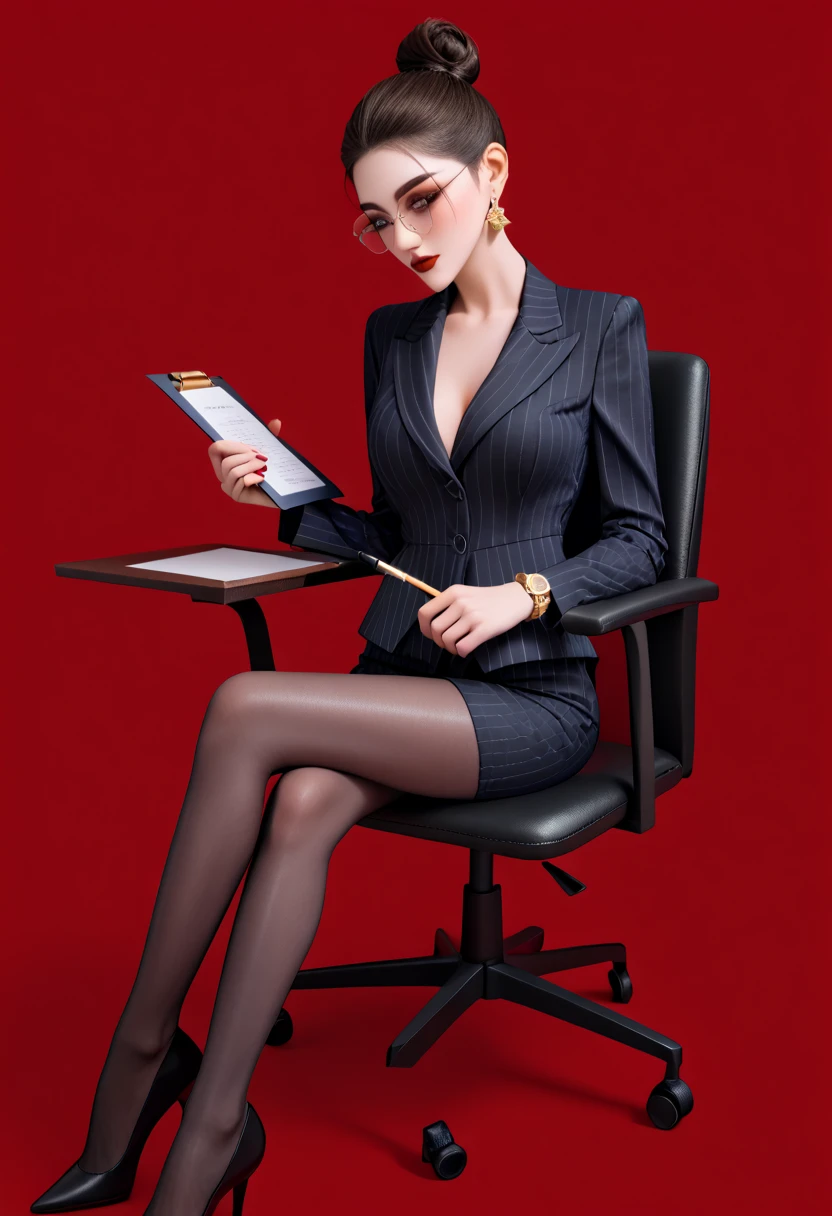 masterpiece, best quality, solo, 1girl, round breasts, cute girl, blushing, short black hair, hair stylized in a neat hair bun, thin round glasses, diamond earrings, soft red lips, 0856 OL professional gold suit skirt, brown pantyhose, black high heels, gold watch on her hand, holding a clipboard and pen in her hands, folded legs, sitting in a swivel chair, long eyelashes, brown eyes, light makeup