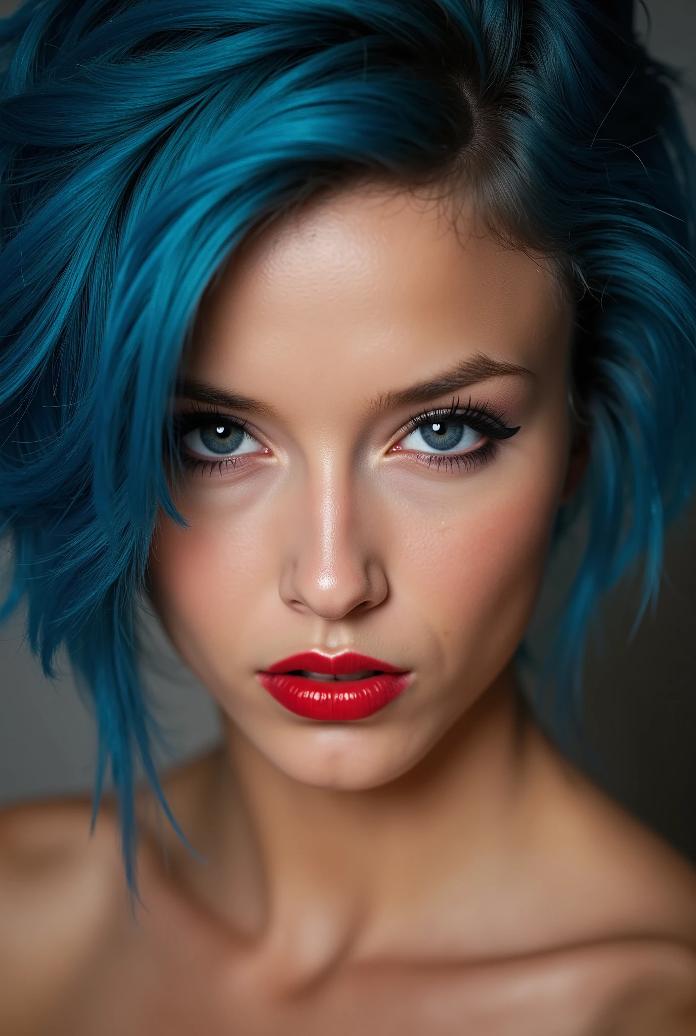 Beautiful girl, red lip gloss, eyeliner flicks, red lip gloss, sexy, blue hair