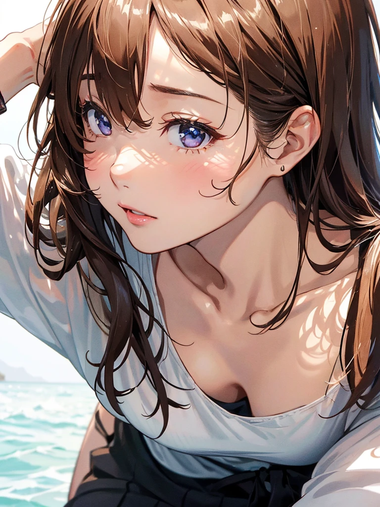 (This is a close-up shot of a young anime girl in a bikini on the beach:1.4),(alone:1.4),(One girl:1.4),(Long brown hair:1.3),(blue eyes:1.2),(White bikini top:1.3),(White bikini bottoms:1.2),(belly button:1.1),(Sitting on the beach:1.3),(Palm tree in the background:1.2),(The sea in the background:1.2),(blue sky:1.1), (Detailed face:1.3),(Beautiful attention to detail:1.3),(Slightly parted lips:1.2),(Embarrassed look:1.3),(Blushed:1.2),(Slender body:1.2),(Large Breasts:1.3), (masterpiece:1.2),(Highest quality:1.3),(Ultra-high resolution:1.2),(Realistic:1.1), 、holding a coffee cup in hand