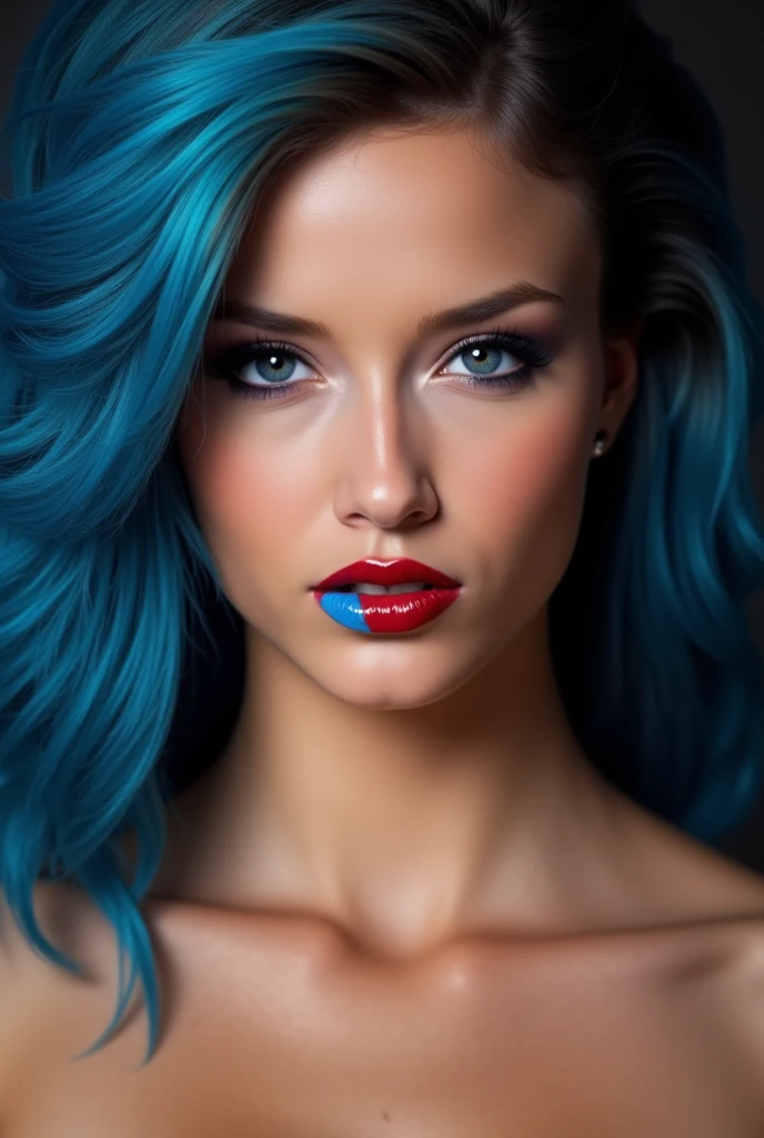 Beautiful girl, red lip gloss, eyeliner flicks, blue lip gloss, sexy, blue hair