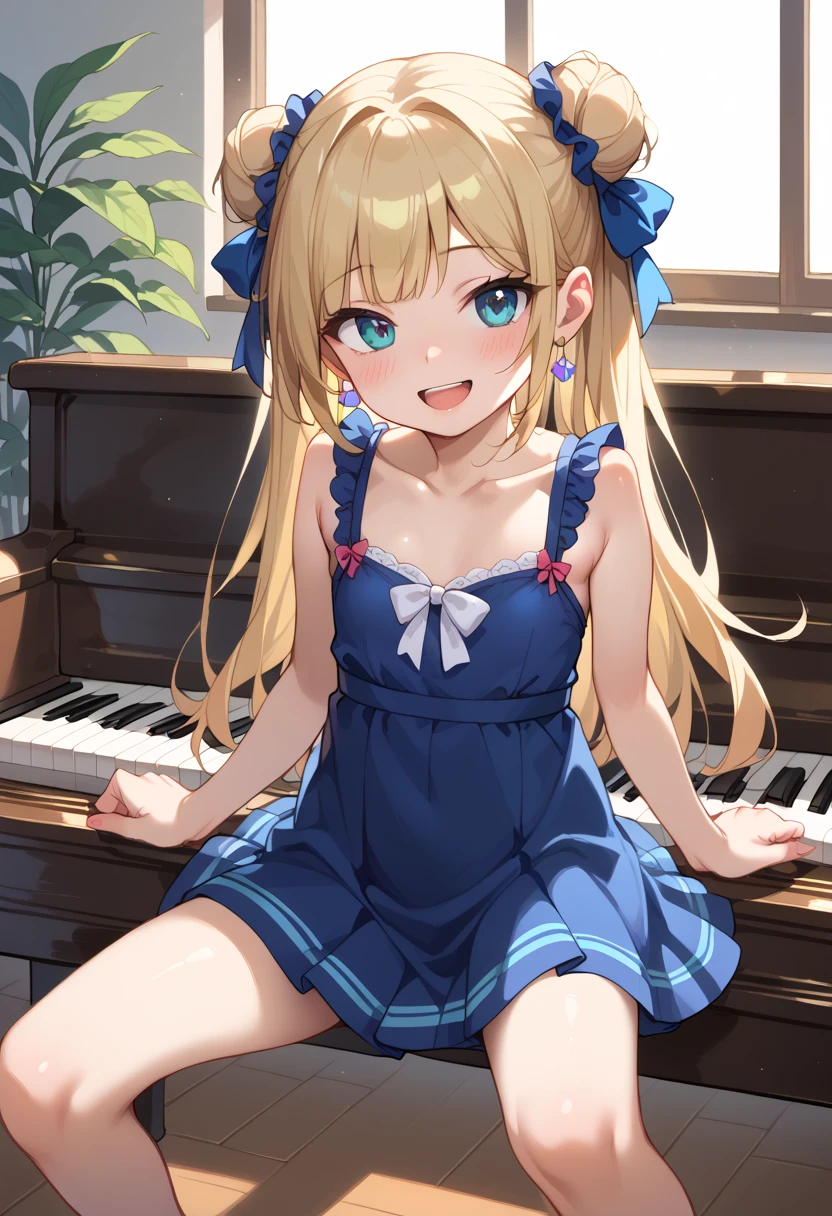 (( top quality )), ((masterpiece)), (be familiar with),  perfect face, indoor, bedroom, Watching viewers,
One woman, I was,
 open mouth,  ecstatic expression beside the piano, blush, smile,
 small tits,  flat chest, Young girl, Lori,  s,  girl,
 long hair,  twin bun hair ,
Leg spread,