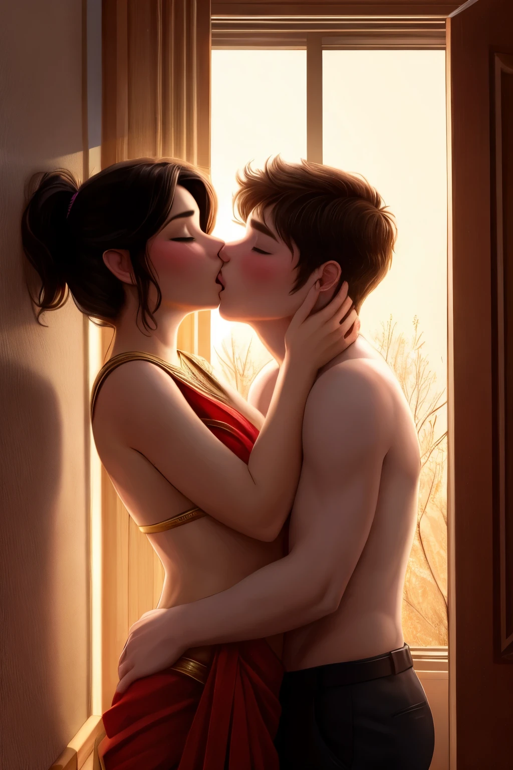 Shirtless boy kissing a sexy woman wearing a saree near a windowsill, natural light beaming through window, passionate, intensely intimate, lustful, hot, hugging tight, both blushing intensely