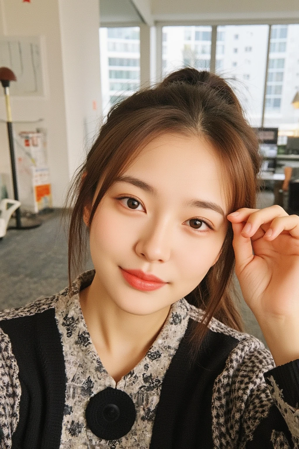adorable, 1 girl, (face to face), 10 years old, baby face, happy, half body portrait, (face details: 1), (eye details:1), ((big breasts)). wearing transparent transparency long shirt, .. Cute posed. proportional body. Ultra High Res. realistic: 1.4, UHD, (Long Bun Hairstyle)