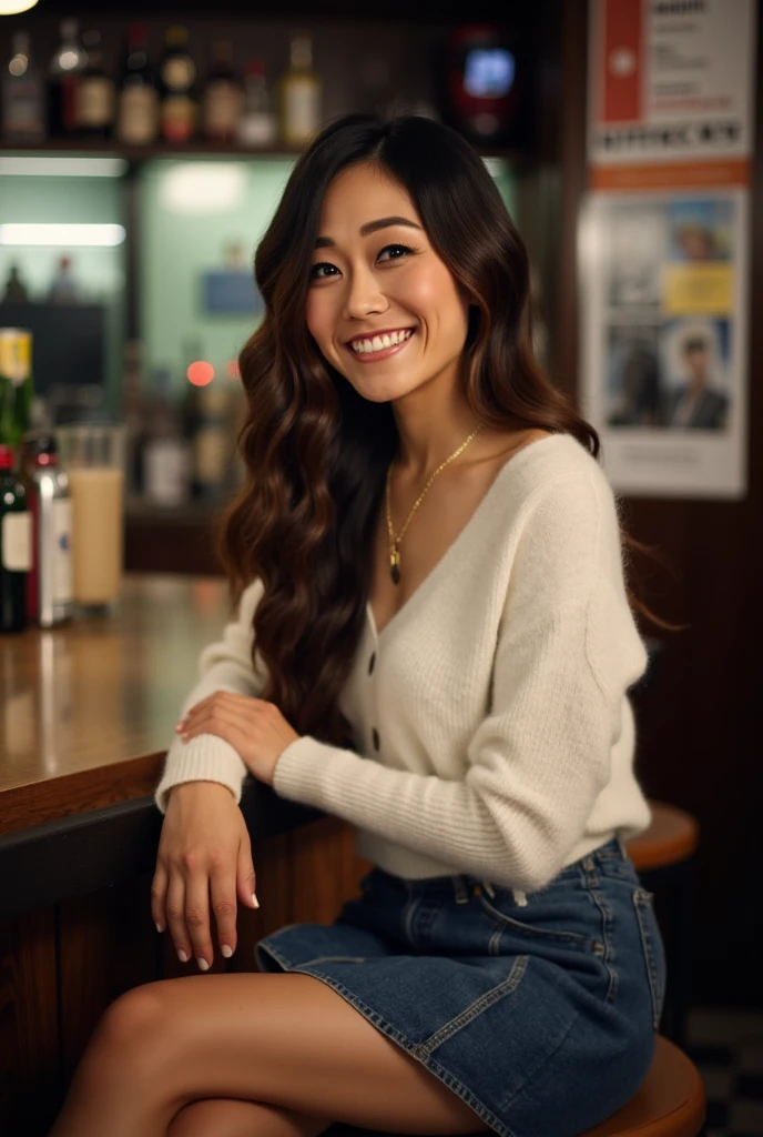 karfuku, siting at the stool of a dimly lit bar.  She has a warm, inviting smile, revealing her straight, white teeth with long, wavy, dark brown hair cascading over her shoulders. She is dressed in a white, long-sleeved, knit top, and denim Mid Rise Pleated Skirt. She accessorizes with a gold necklace with a heart pendant. full body, cowboy shot on a Sony Alpha 1 dslr 8k camera. there is a slight bokeh effect and film grain. she is looking at the viewer. 