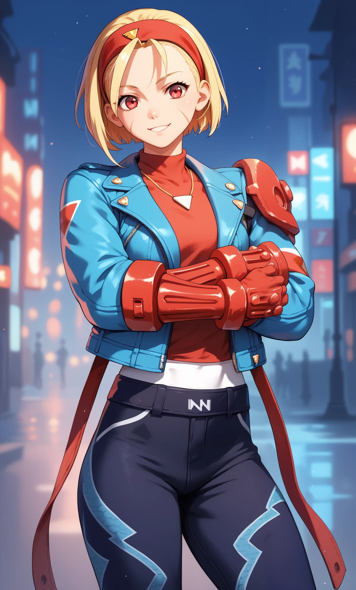 (Red ribbon on headband: 1.2), Cammy SF style, pants, pants, jacket, often sports, short hair, alone, girl, standing, red eyes, highest quality, masterpiece, high resolution, looking at viewer, smiling , Night City, Hoshimiya Ichigo,