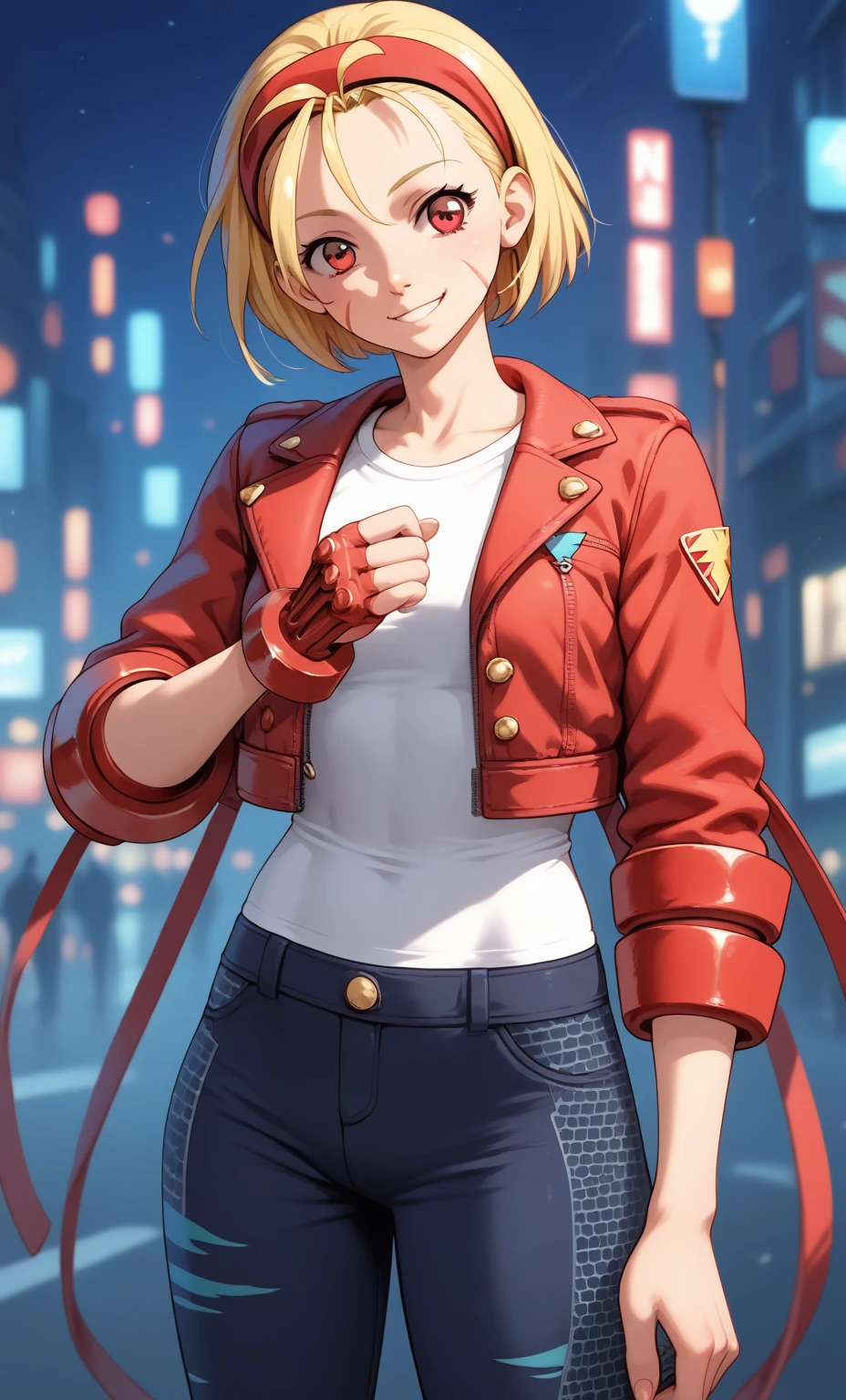 (Red ribbon on headband: 1.2), Cammy SF style, pants, pants, jacket, often sports, short hair, alone, girl, standing, red eyes, highest quality, masterpiece, high resolution, looking at viewer, smiling , Night City, Hoshimiya Ichigo,