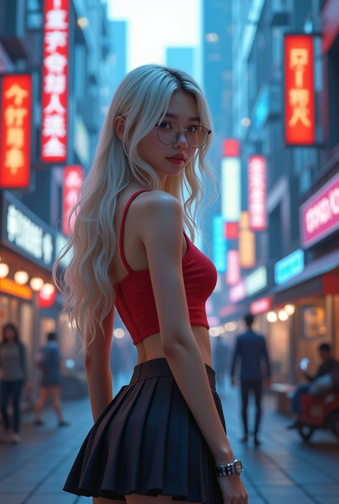A beautiful anime woman with long blonde hair, red eyes, wearing a lacy red crop top and ripped blue jeans, looking out from a city window with neon signs, cityscape in background, detailed 3d render, soft lighting --chaos 20 --ar 5:6 --stylize 500 --seed 780813501