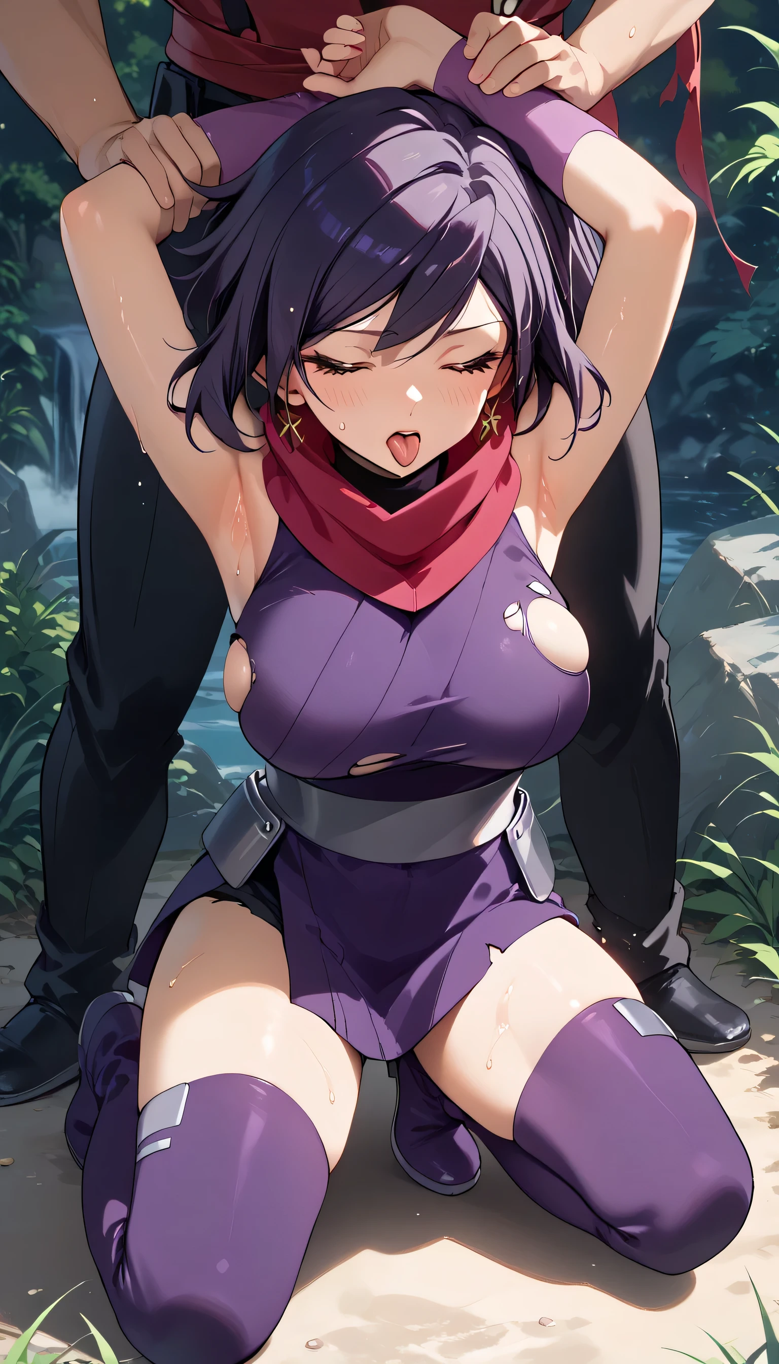    One Girl   ，One man behind it ，iris ，   Kunoichi，紺色の髪，  have their eyes closed，  torn ninja costume(   Red Scarf  ，Deep purple kimono，   sleeveless ，Big Breasts， light purple arm cover ，    Black Knee High   ， purple long boots  ，)，   is opening her mouth，   sticking out the tongue   ，   sigh， ahe face，sweat， blush， kneeling，Arms up， arms crossed， has both arms grabbed by a man behind，Outdoor，masterpiece