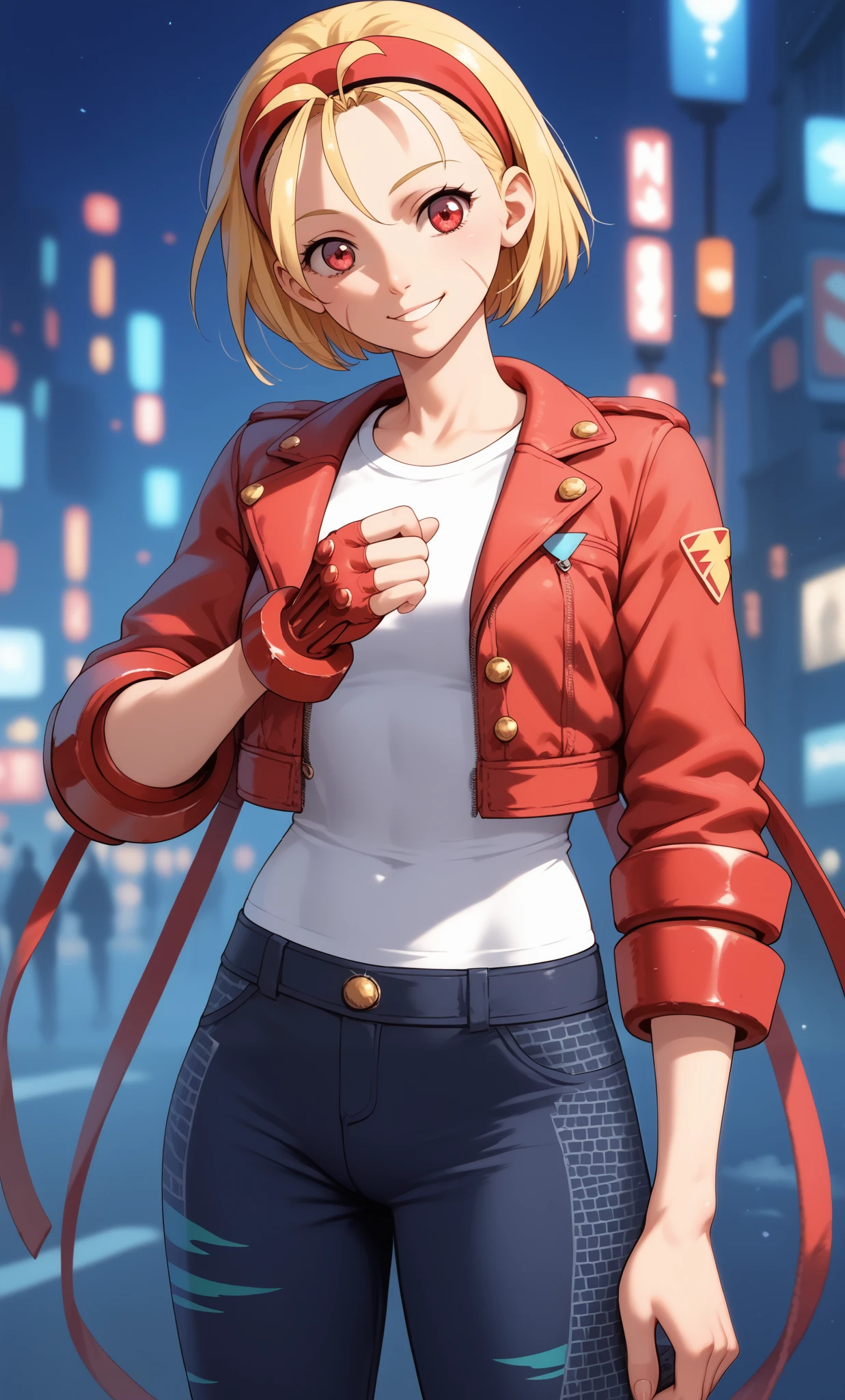 (Red ribbon on headband: 1.2), Cammy SF style, pants, pants, jacket, often sports, short hair, alone, girl, standing, red eyes, highest quality, masterpiece, high resolution, looking at viewer, smiling , Night City, Hoshimiya Ichigo,