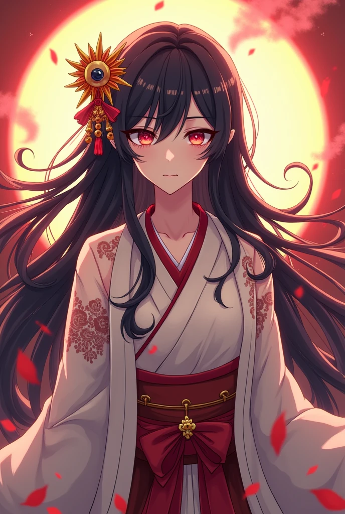  beautiful goddess Amaterasu, whole body, Japan's highest goddess ,  A gentle face,  beautiful dark hair,  high image quality, masterpiece,  anime style, 