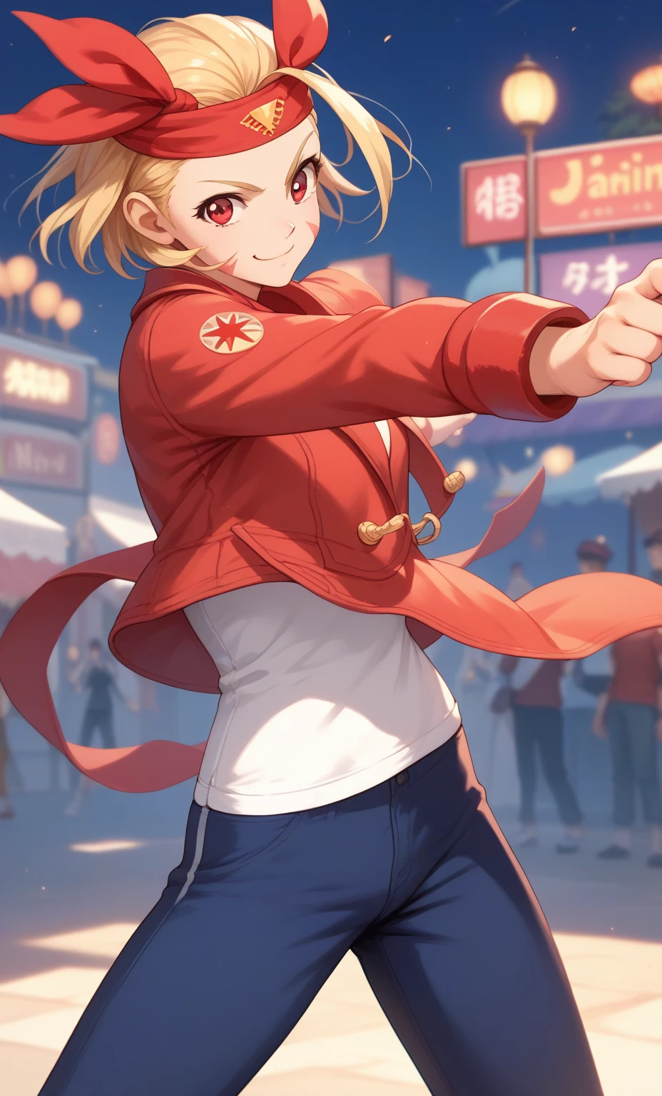 (Red ribbon on the headband: 1.2), Ichigo Hoshimiya cosplaying Cammy, pants, underwear, jacket, fighting pose, short hair, alone, girl,, red eyes, top quality, masterpiece, high resolution, looking at the viewer , smile, night market,