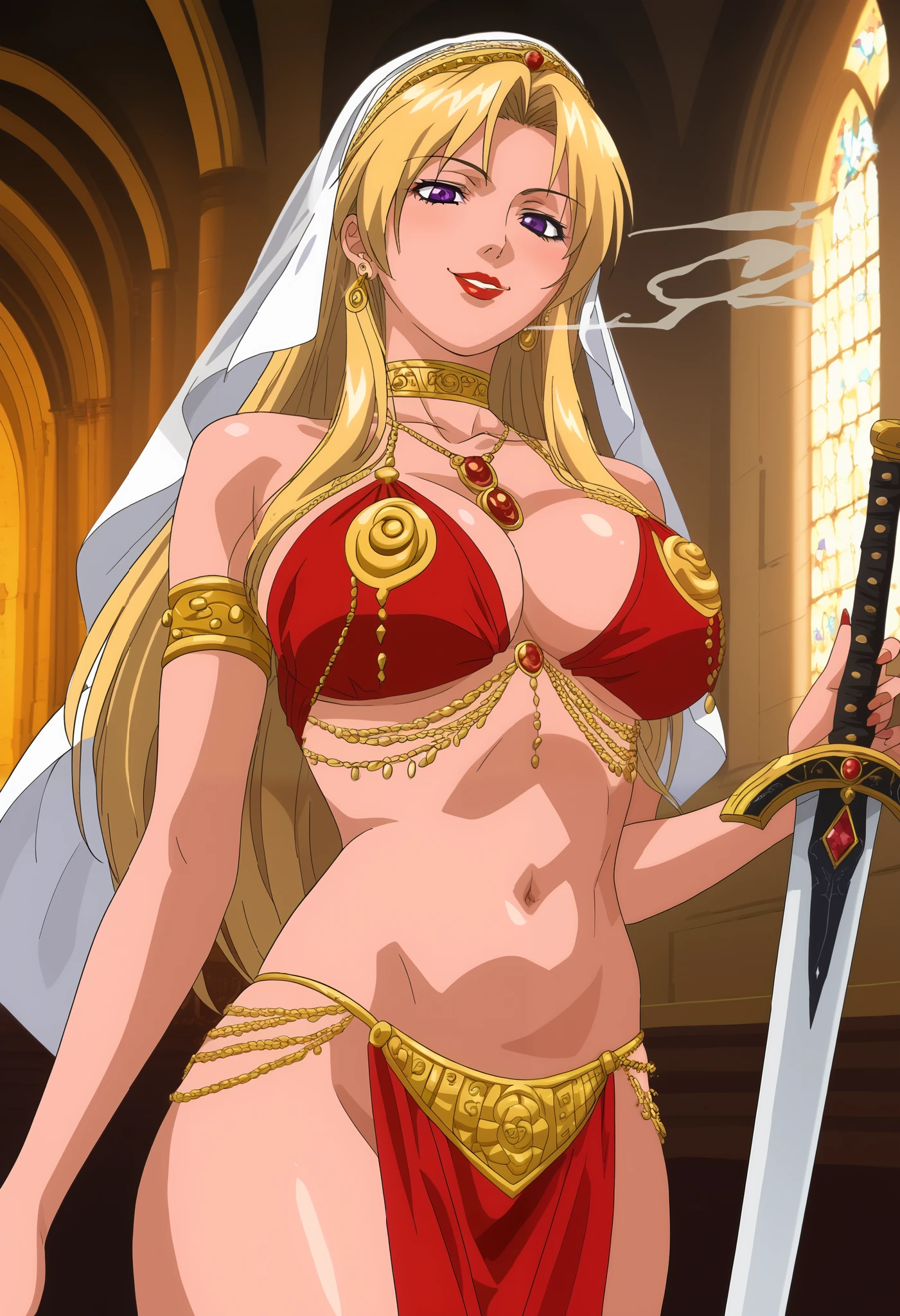 looking at viewer,evil smile,shaded_face,parted lips,looking down,
solo,KaoriSaeki,1girl,blonde hair,large breast. long hair purple eyes,
, ear piercing, long hair, blush, lipstick,Hot girl, baddie, smoking, sensual, attractive ,castle,inside castle, masterpiece, best quality, highly detailed ,gold_choker, complex detailed
background,
inside, , holding a sword, sword, belly_chain,harem_outfit,navel, necklace,
pelvic_curtain,revealing_clothes, veil，masterpiece,best quality,1girl,mature,evil smile, smile,
female,mature,necklace,pendant, (nsfw) not safe for work, exposed belly, exposed navel, exposed
midriff, exposed lower belly,, dragon tattoo , tattoo midriff, rose tattoo, shiny skin, 