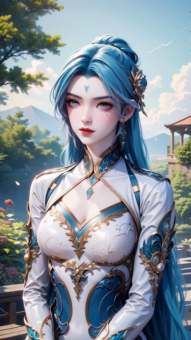 (masterpiece),(best quality:1.5),8k,absurdres,highres, Glowing skin:1.3, shiny skin, oil skin, 
Wang dong,
1girl,solo,jewelry,hair ornament,crystal earrings,earrings,long hair,(blue hair:1.5),forehead mark,crystal,crystal hair ornament,alpha transparency,see-through,hair bun,dress, white dress,facial mark,simple background,realistic,expressionless,single hair bun,closed mouth, (upper body:1.3), outdoor, garden, fingers_to_mouth,(looking at viwer:1.7), garden, closed mouth,sitting,