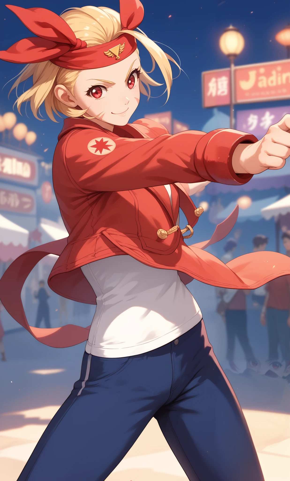 (Red ribbon on the headband: 1.2), Ichigo Hoshimiya cosplaying Cammy, pants, underwear, jacket, fighting pose, short hair, alone, girl,, red eyes, top quality, masterpiece, high resolution, looking at the viewer , smile, night market,