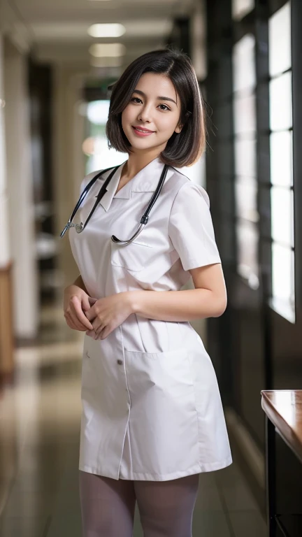 Masterpiece, top quality, high quality, high resolution, high quality textures, high quality shadows, high detail, realistic, cinematic lights, side lights, lens flares, ray tracing, sharp focus, beautiful young girl, (1girl, 21yo, solo), with black hair, one woman, elegant, tall, semi-long bob cut, nurse, hospital, wearing white nursing uniform, white uniform, (white nursing skirt, white lace pantyhose). A stethoscope is worn from the neck. Standing, slim thighs, small breasts, slim, long eyelashes, mature, white sneakers, smile, beauty, Realism, Photorealistic, 8k