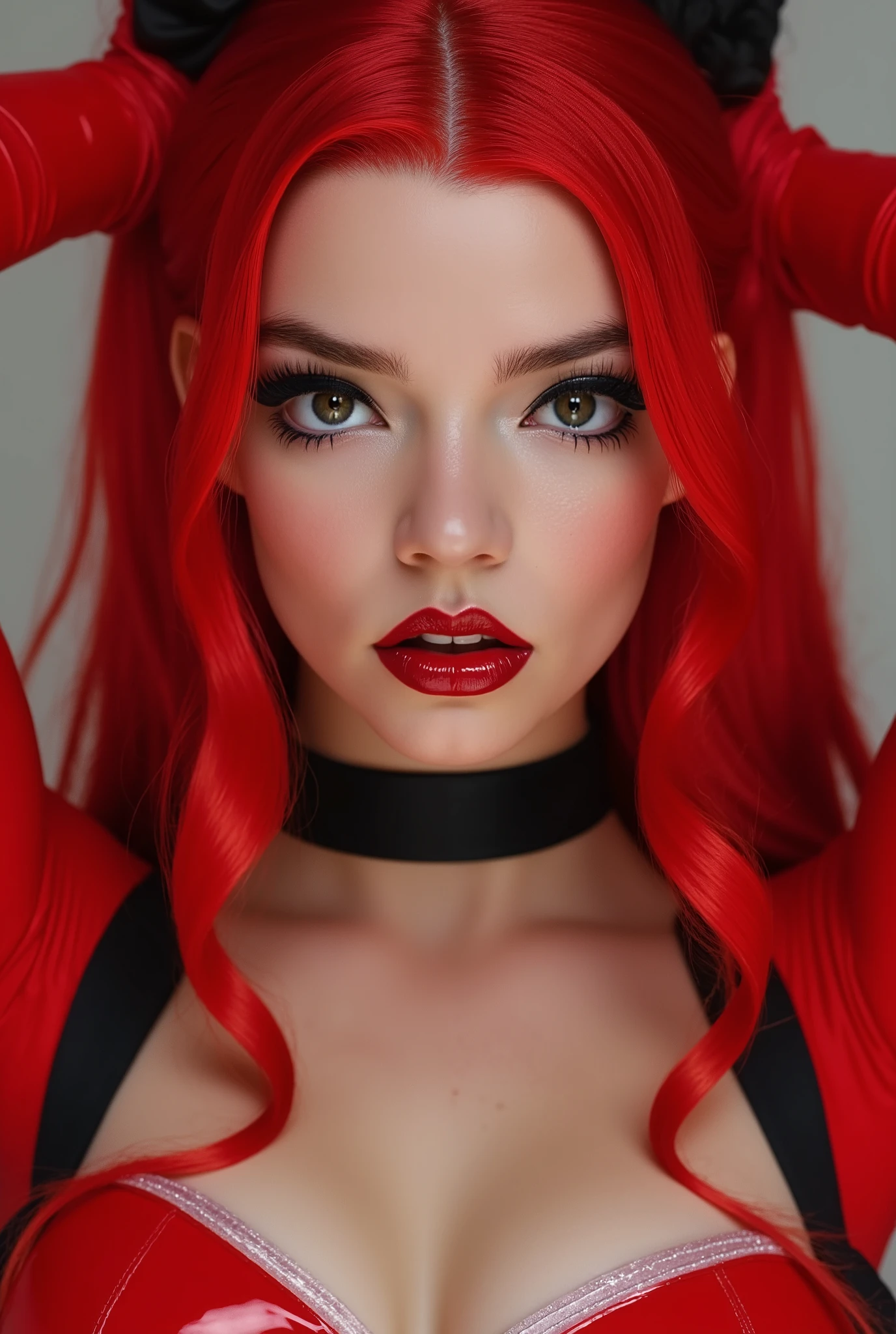 Beautiful girl, red lip gloss, eyeliner flicks, red lip gloss, sexy, latex schoolgirl outfit, body oil, extreme make up, red hair in pigtails, dark red lip gloss, shiny lips, reflective lips