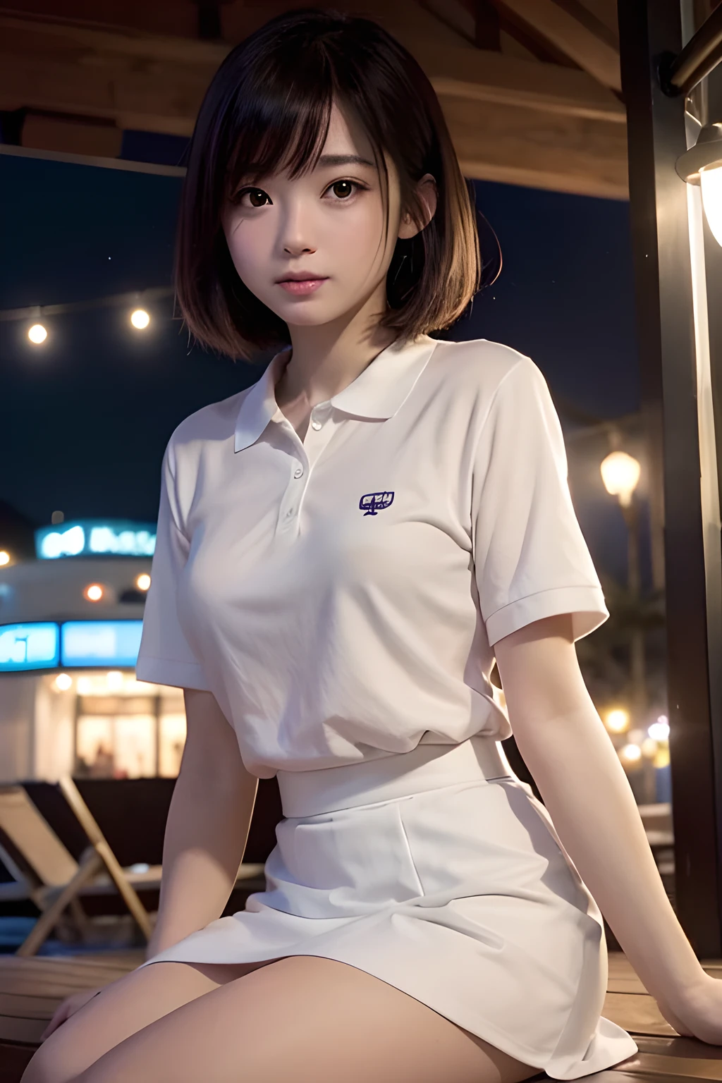 One person, alone, White polo shirt, White sneakers, Tennis Wear, White mini skirt, masterpiece, Highest quality, Realistic, Ultra-detailed, (Glowing Skin, Sweaty:1.4), Absurd, View your viewers, Short black hair, Brown eyes, thin, Dynamic Lighting, High resolution, Sharp focus, Depth of written boundary, Detailed eyes, Sharp pupils, Realistic pupils, (Small breasts:1.6), (Thick thighs:1.0), Outdoor, null