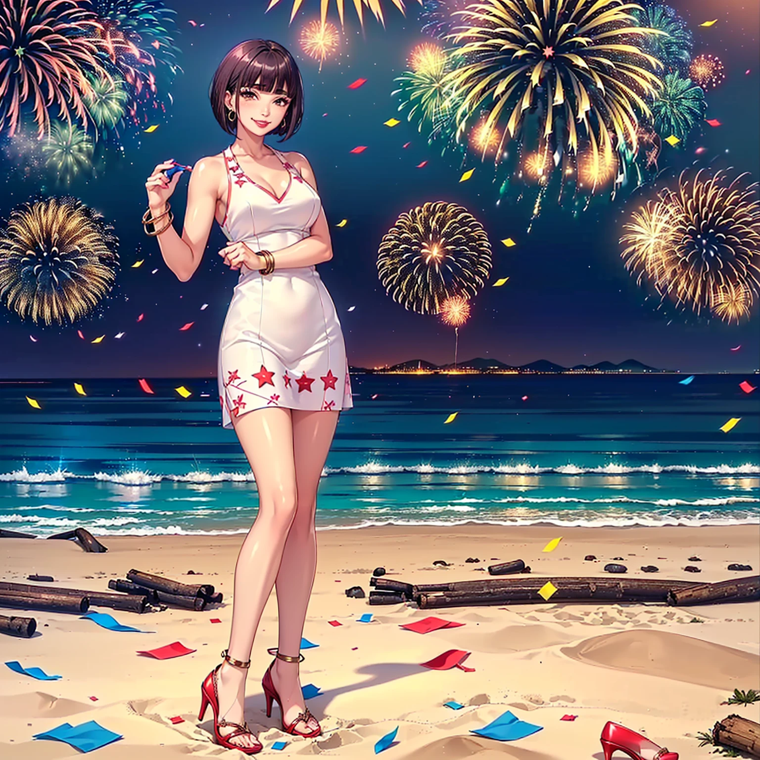 ((1girl, solo ,alone, ((Itsuki Shima, mature female, (cowboy shot:1.2), short hair, brown hair, bob cut, brown eyes, looking at viewer), muscular female, gold bracelets, ruby earrings)), ((athletic body, toned body, fitness)), ((solo, (1woman, pink lipstick), Extremely detailed, ambient soft lighting, 4k, perfect eyes, a perfect face, perfect lighting, a 1girl)), ((white dress, dress with gold embroidery, a-line dress, high heels, silver, new year, new year's eve, fireworks, 2025, happy new year, happy 2025, new year's, night, stars, balloons, fireworks, new year decoration, beach, sea, bonfire, luau, kiosks, stars, milky way, sand, smug smile, party, confetti, red lipstick))