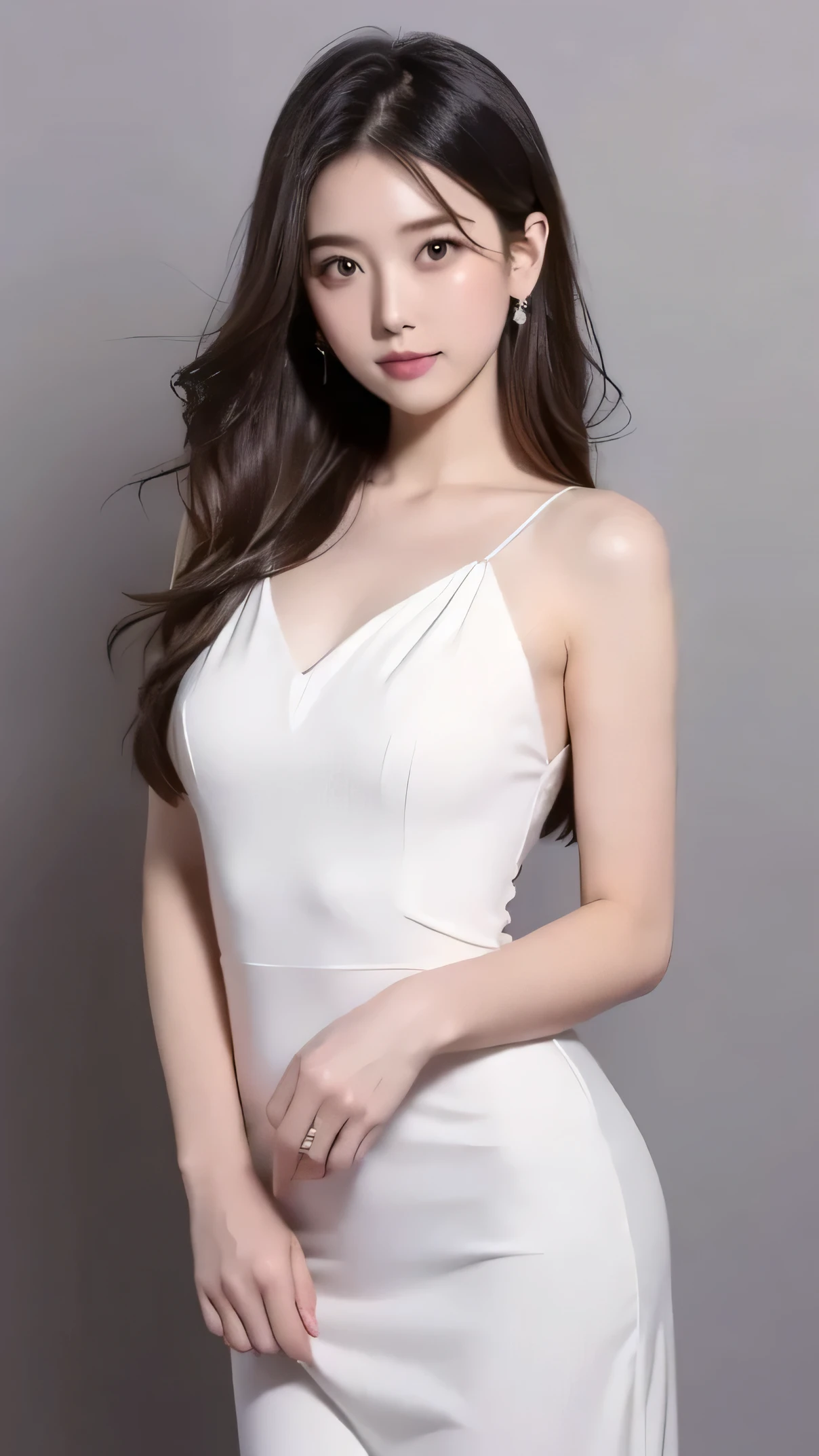 Tzuyu 1, woman, (realistic), (hyper realism), (photorealistic), Depth of the bounds written, eye make up:0.9, (whole body:1.2), (tight waist), looking at the viewer,at the racing track, lace queen, Sexy dress with open shoulders and chest