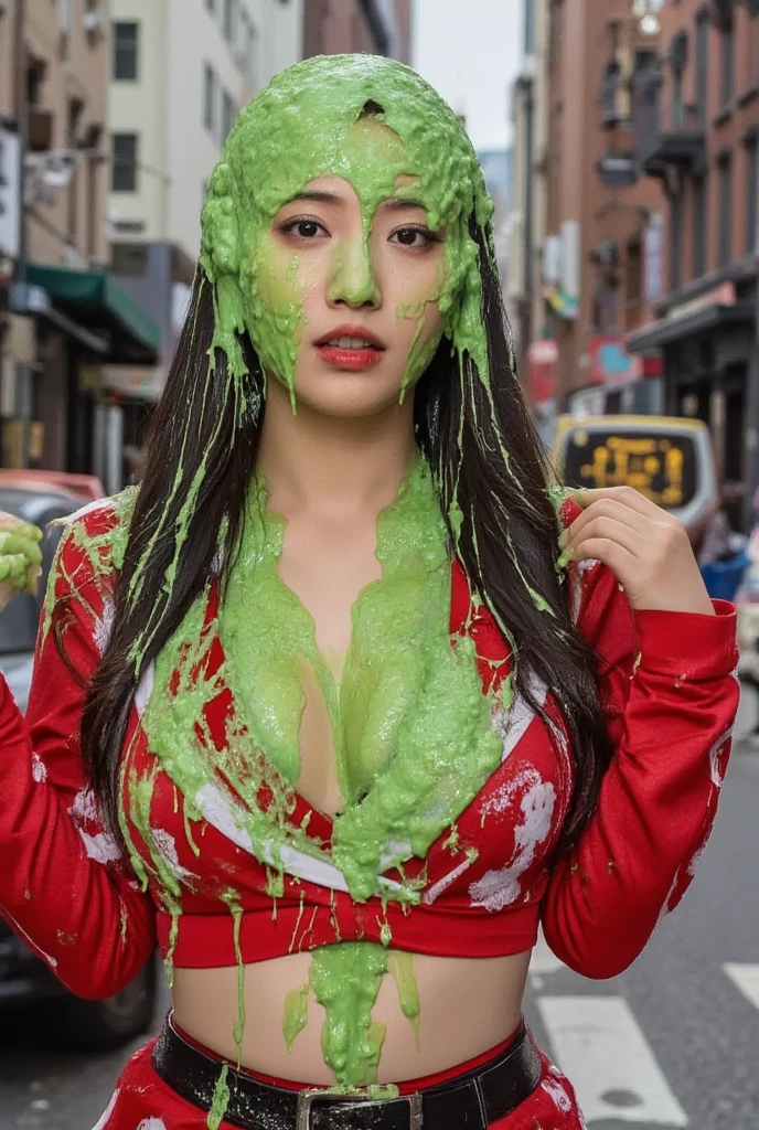 DSLR photograph. Beautiful Chinese woman covered in green water. Photorealistic. Wet liquid. Nasty slime. Raw photo. New York City streets. Daytime. Green Slime. Dripping green goo. 21 years old. (Asian: 1.1). pigtails. Green water. Portrait photo. Beautiful Asian face. (Cleavage: 1.2). Santababe. Santa dress.