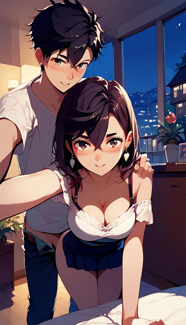 safe_pos, score_9, score_8_up, score_7_up, source_anime, uncensored, BREAK, night, indoors, city, Couple Selfie, 1girl, 1boy, bent over, looking down top, cleavage, KJOmomo, brown hair, dark eyes, medium hair, hair between eyes, thick eyebrows, earrings, unruly black hair