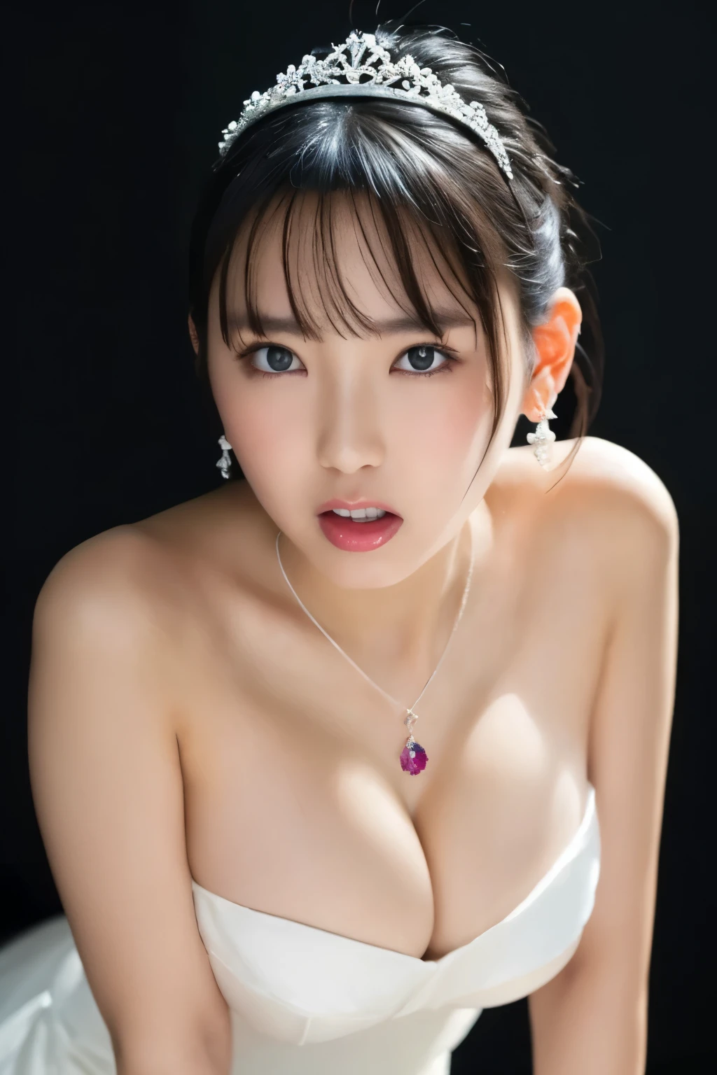 (black background),   face focus    ,  Open Your Mouth Wide , I have a large amount of condensed milk in my mouth,Condensed milk dripping from mouth 、Off the street   ,    seductive woman,On the floor 、 close your eyes   ,  off-the-shoulder wedding dress  ,Adult female,   small breasts cleavage 、   very small breasts、   Anatomically Accurate  ,    high resolution model  ,  Sweaty face、Gorgeous tiara、 necklace 、 earrings for a woman alone、 black hair