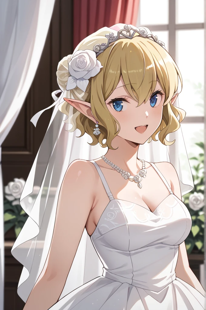 masterpiece,best quality,{{detailed beautiful face and eyes}}, 
Ryuu Lion,{{{megami magazine}}},short hair,blonde hair,wavy hair,pointy ears,hair between eyes,blue eyes,medium breasts,
hairstyle: (wedding bun short hair:1.2)
Outfit: (wedding dress,intricate dress, ball gown, bridal veil, bride, curtains, 
depth of field, dress, flower, hair flower, hair ornament, see-through,white flower, white rose:1.1),(face full of joy:1.3)