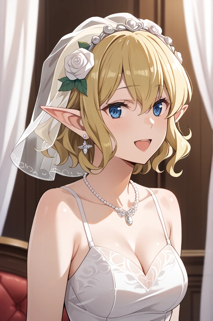 masterpiece,best quality,{{detailed beautiful face and eyes}}, 
Ryuu Lion,{{{megami magazine}}},short hair,blonde hair,wavy hair,pointy ears,hair between eyes,blue eyes,medium breasts,
hairstyle: (wedding bun short hair:1.2)
Outfit: (wedding dress,intricate dress, ball gown, bridal veil, bride, curtains, 
depth of field, dress, flower, hair flower, hair ornament, see-through,white flower, white rose:1.1),(face full of joy:1.3)